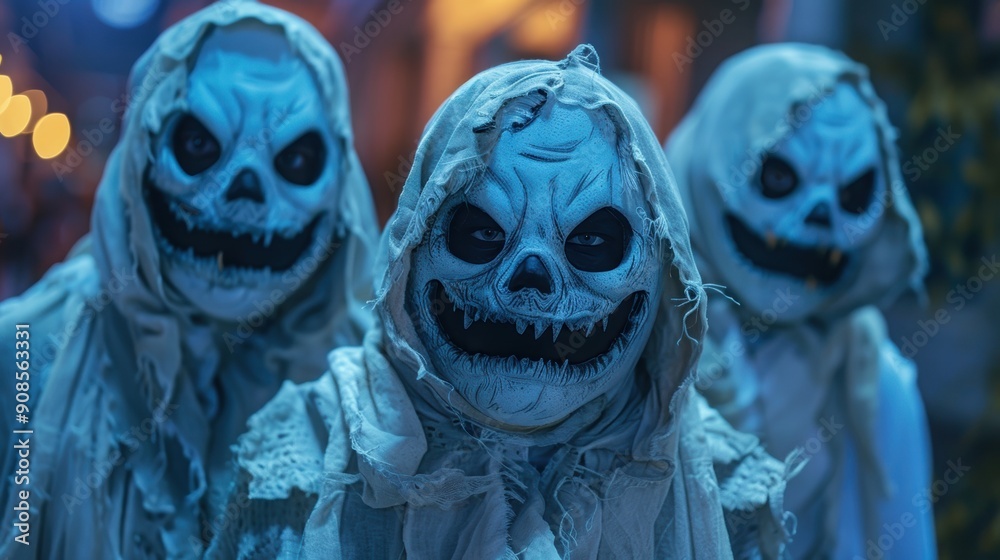 Three menacing ghouls with eerie grins are illuminated by blue light, creating a chilling Halloween atmosphere. Three menacing ghouls with eerie grins are illuminated by blue light, creating a chilling Halloween atmosphere.