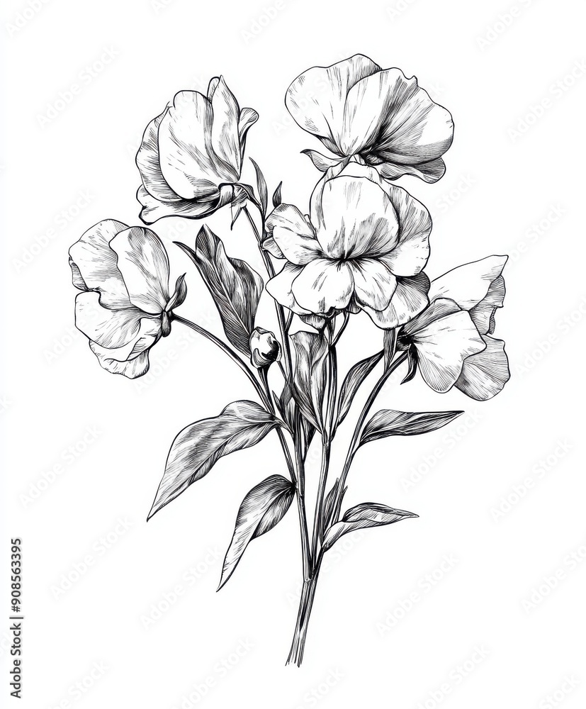 Obraz premium Black and white Vintage engraved art of a sweet pea bouquet isolated on white background, ink sketch illustration, simple vector art design, highly detailed line art, high contrasty