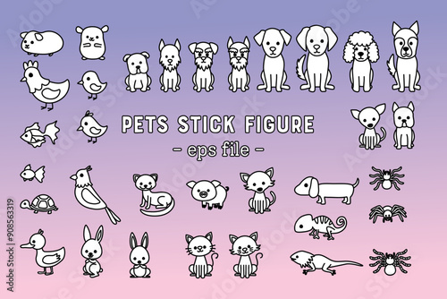 Set of many kinds of pet stick figure vector illustration