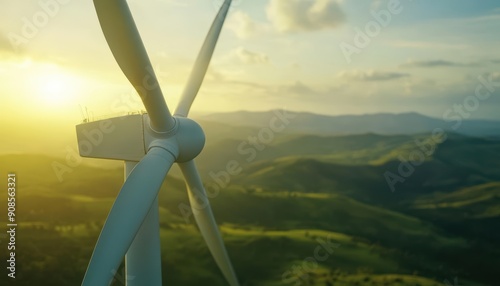 Closeup of a wind turbine blade against a sunset backdrop over rolling hills.