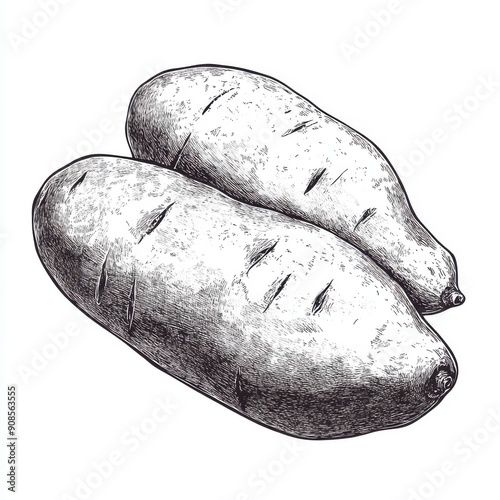 Black and white Vintage engraved art of a sweet potato isolated on white background, ink sketch illustration, simple vector art design, highly detailed line art, high contrasty