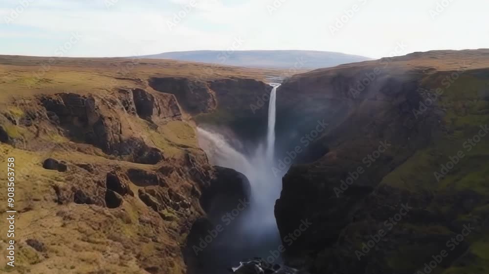 A serene waterfall cascades through a valley, showcasing dramatic landscapes and natural beauty under sunlight A serene waterfall cascades through a valley, showcasing dramatic landscapes and natural beauty under sunlight