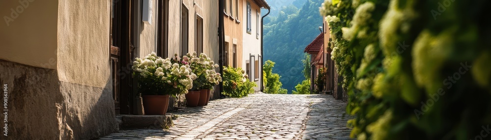 Fototapeta premium Cobblestone street in a European village with old buildings and greenery.
