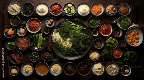 Assortment of Korean traditional dishes. Asian food. 