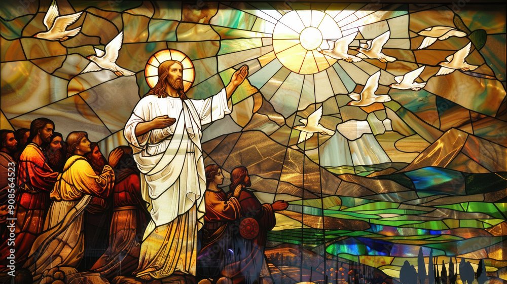 A stained-glass representation of Jesus Christ during the Sermon on the Mount, standing with raised hand, surrounded by followers