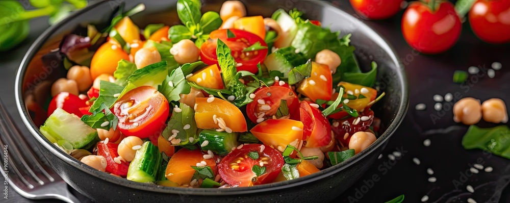 Fresh and colorful salad with tomatoes, chickpeas, and herbs, perfect for a healthy meal or vibrant dish presentation. Fresh and colorful salad with tomatoes, chickpeas, and herbs, perfect for a healthy meal or vibrant dish presentation.