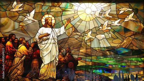 Obraz na płótnie A stained-glass representation of Jesus Christ during the Sermon on the Mount, standing with raised hand, surrounded by followers w salonie