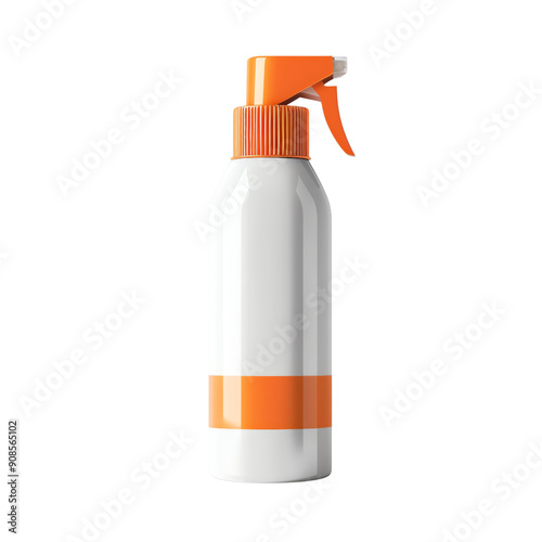 Orange plastic spray bottle isolated on white background, blank label, cosmetic packaging product, summer object
