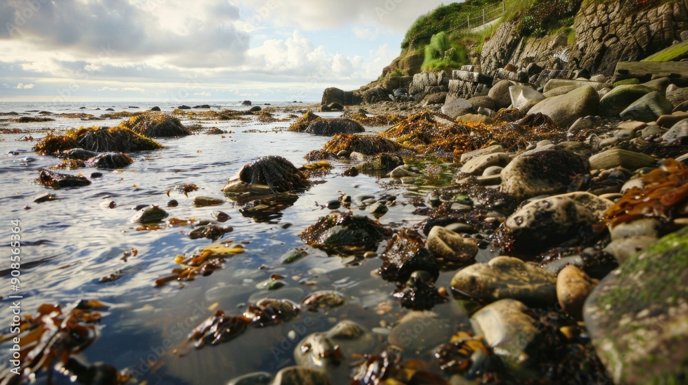 A rocky shoreline with a body of water in the background A rocky shoreline with a body of water in the background
