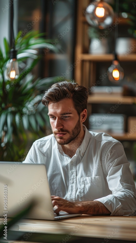 © Spectrum Sculptor - Handsome focused man working using laptop sitting at office desk table in coworking workspace. Businessman freelancer, executive manager or employee making report, searching . Vertical, Generative AI
