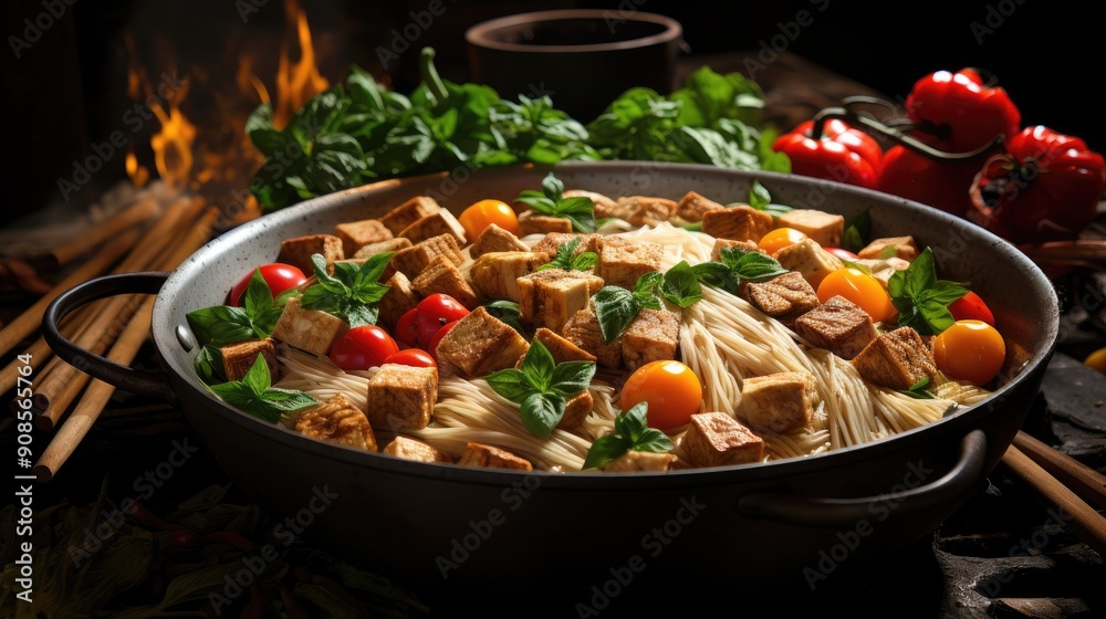 Assortment of vegetables and tempeh in a white wok Assortment of vegetables and tempeh in a white wok
