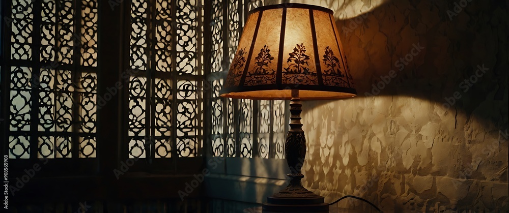 Lampshade casting intricate shadows on a textured wa Lampshade casting intricate shadows on a textured wa