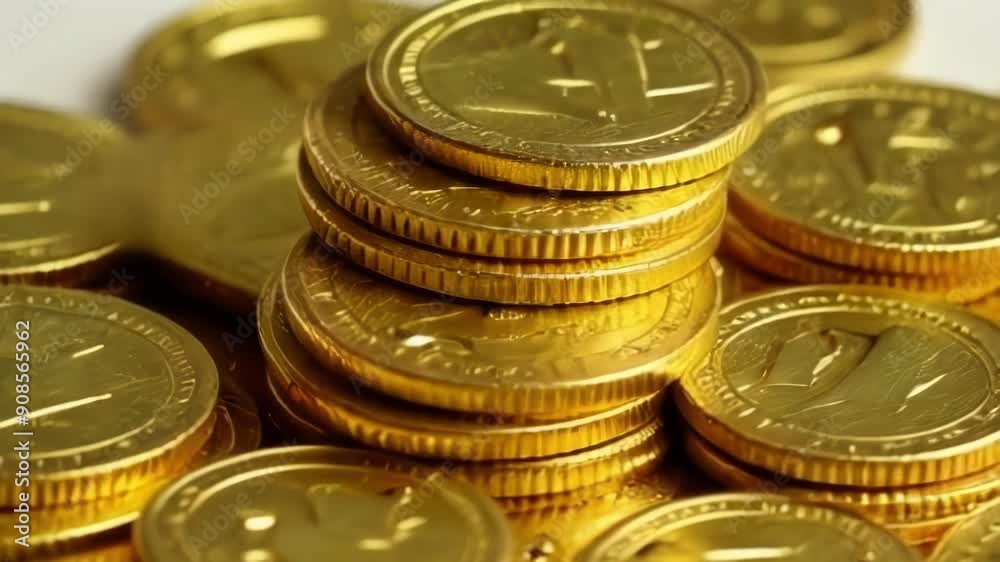 A close up of shiny gold coins stacked together, creating a luxurious and captivating atmosphere around wealth and finance A close up of shiny gold coins stacked together, creating a luxurious and captivating atmosphere around wealth and finance