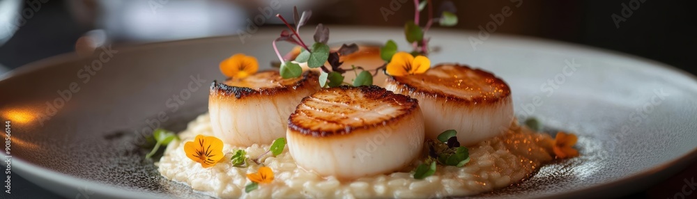Close-up of three seared scallops served on a bed of creamy risotto with edible flowers. Close-up of three seared scallops served on a bed of creamy risotto with edible flowers.