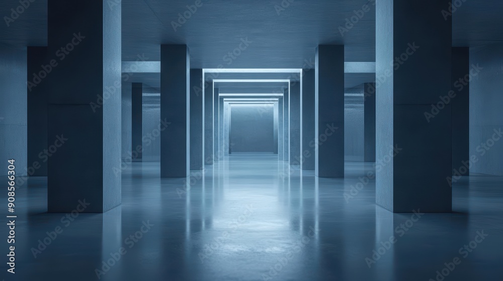 Fototapeta premium Abstract minimalist architecture with blue neon light.
