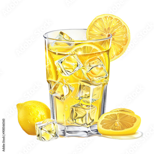 Refreshing cold lemonade in glass with lemon slice, perfect summer drink