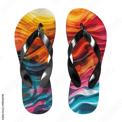 Pair of colorful rubber sandals isolated on white background photo