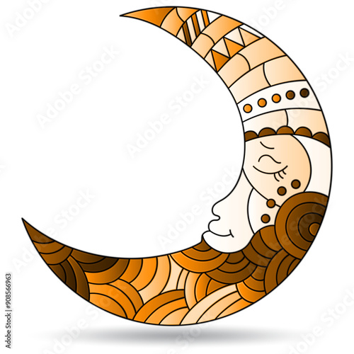 Stained glass illustration  with a  moon with faces, isolated on a white background, tone brown