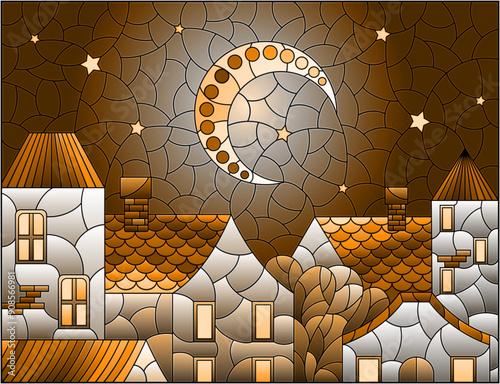 An illustration in the style of a stained glass window with an urban landscape against the background of the night starry sky and the moon, tone brown