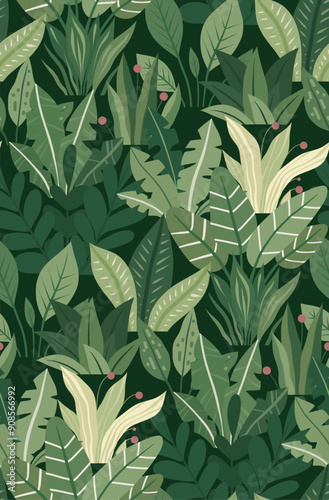 Vector seamless pattern with flat leaves on dark green background. Surface design with plants and bushes for fabrics, wallpaper and wrapping paper