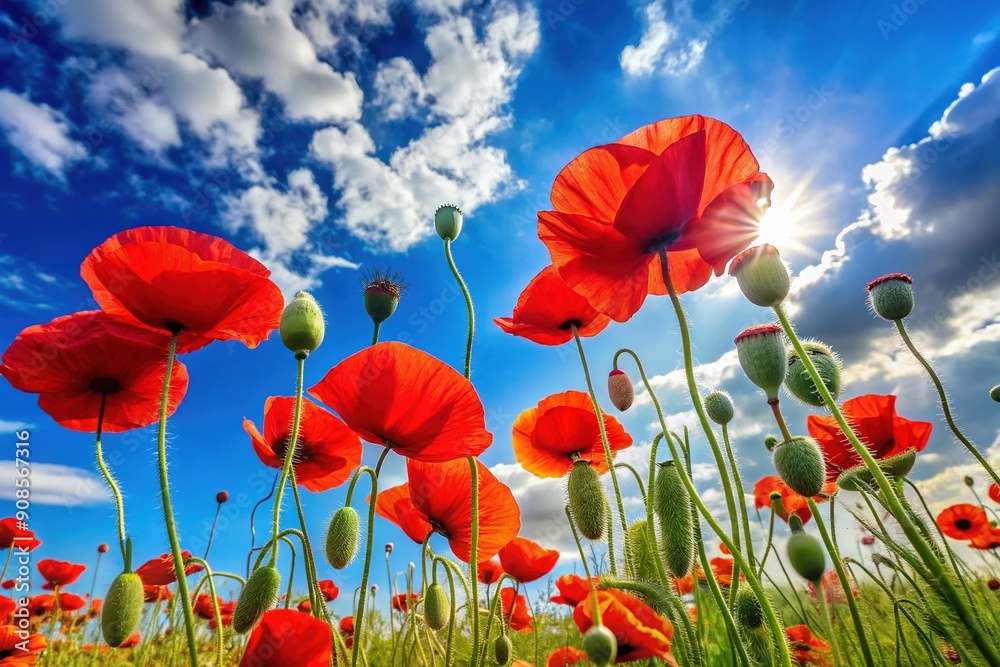 Naklejka premium Vibrant red poppy flowers sway gently in the breeze, set against a brilliant blue sky with a few wispy white clouds on a sunny day.