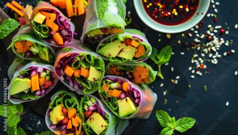Colorful spring rolls filled with fresh vegetables and herbs, served with a dipping sauce on a dark background. Colorful spring rolls filled with fresh vegetables and herbs, served with a dipping sauce on a dark background.