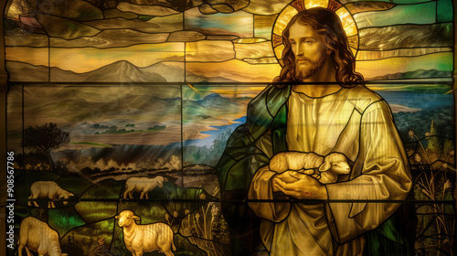 A stained-glass window of Jesus Christ, depicted as the Good Shepherd, holding a lamb, serene expression, flowing robes