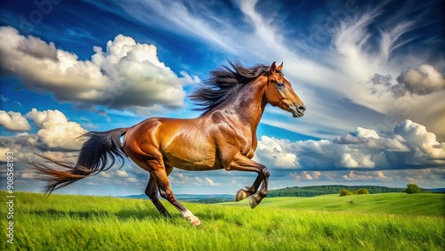 A powerful thoroughbred horse with shiny coat and flowing mane gallops freely in a lush green farm pasture surrounded by blue skies and white clouds.