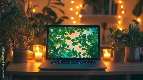 Peaceful Photo of Laptop with Nature Screensaver, Plants, and Candles on Wooden Desk