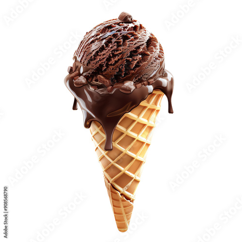 Single scoop of chocolate ice cream in crispy wafer cone isolated on transparency background
