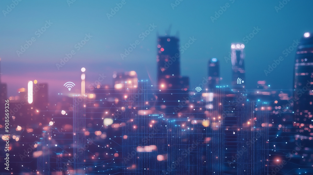 Urban Night Cityscape with Digital Icons for Technology and Business - Wireless Internet Communication, Global Data Mesh, WiFi Connectivity Concept Photo Urban Night Cityscape with Digital Icons for Technology and Business - Wireless Internet Communication, Global Data Mesh, WiFi Connectivity Concept Photo