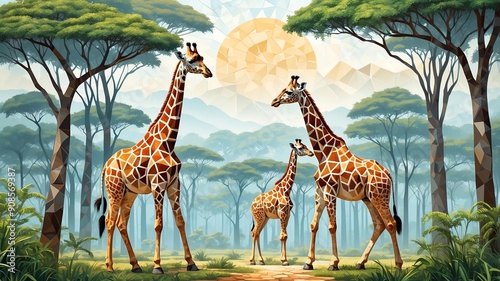 geometric mosaic giraffes grazing on tall trees for ba background photo