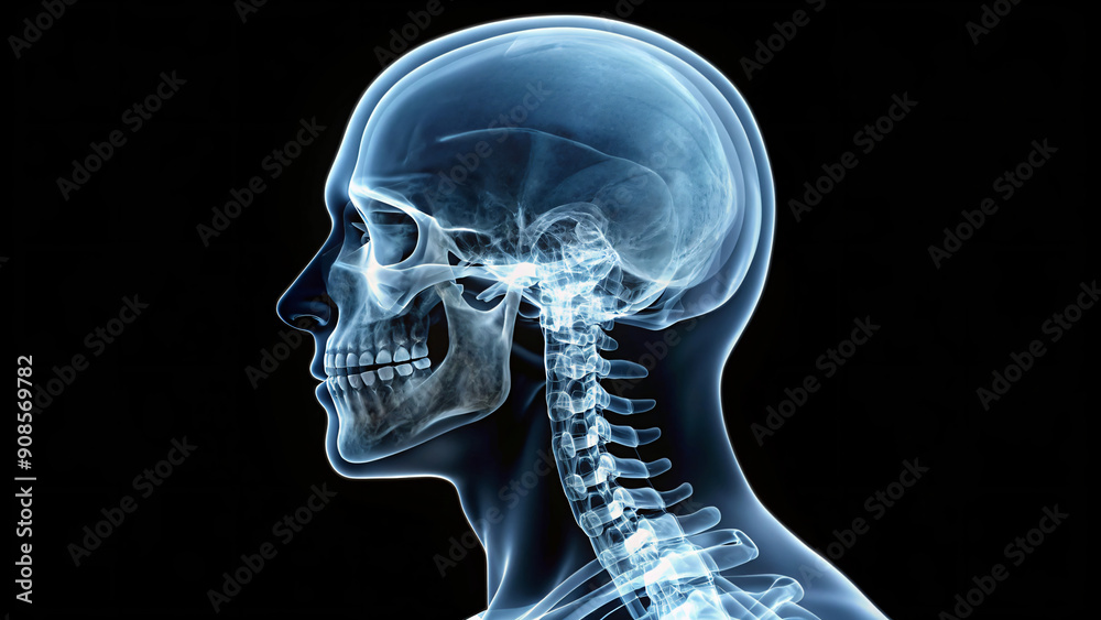 An X-ray image showing a detailed view of a human skull and head with anatomical features and medical details An X-ray image showing a detailed view of a human skull and head with anatomical features and medical details