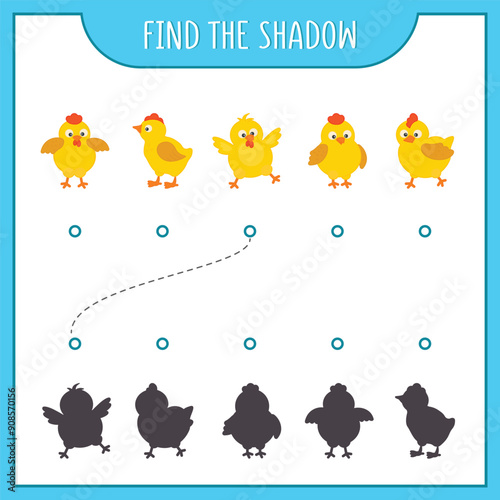 Game for children. Find the right shadow and connect. Chickens in different poses. Printable activity sheet.