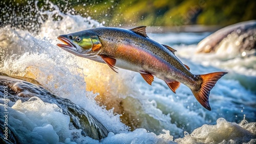 Vibrant close-up captures a salmon's dynamic leap, water splashing everywhere, as it bursts out of the river's surface in a powerful, energetic, and mesmerizing display of nature. photo