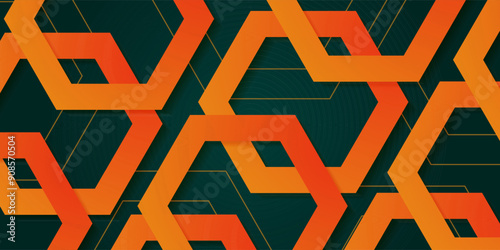 Abstract dark green 3D background with orange hexagon pattern. Hexagonal structure shapes. Hexagonal texture design. Colorful pattern design. Eps10 vector