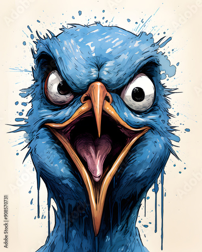 Bluebird headfull aggressive expression lowbrow surrealist illustratration photo