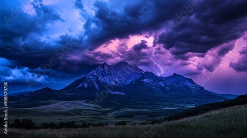 A captivating portrayal of a mystical mountain during a summer storm. Dark, swirling clouds gather around the peaks, their surfaces illuminated by flashes of lightning. The air is charged with