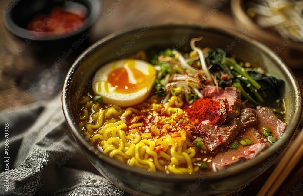 A delicious bowl of ramen featuring soft boiled egg, tender beef, fresh vegetables, and vibrant spices on a rustic wooden table. A delicious bowl of ramen featuring soft boiled egg, tender beef, fresh vegetables, and vibrant spices on a rustic wooden table.
