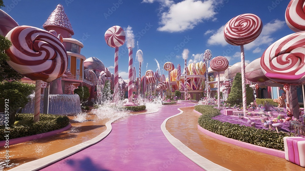An enchanting view of Candyland's central plaza, where giant lollipops ...