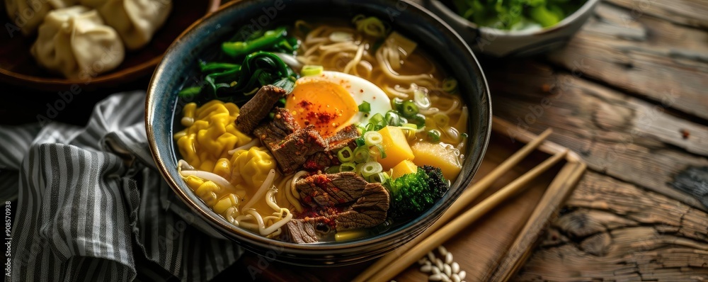 A delicious bowl of ramen featuring fresh vegetables, tender beef, and a perfectly boiled egg topped with green onion.