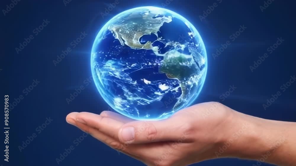 A hand holds a glowing Earth, symbolizing connection and responsibility towards the environment and future sustainability A hand holds a glowing Earth, symbolizing connection and responsibility towards the environment and future sustainability