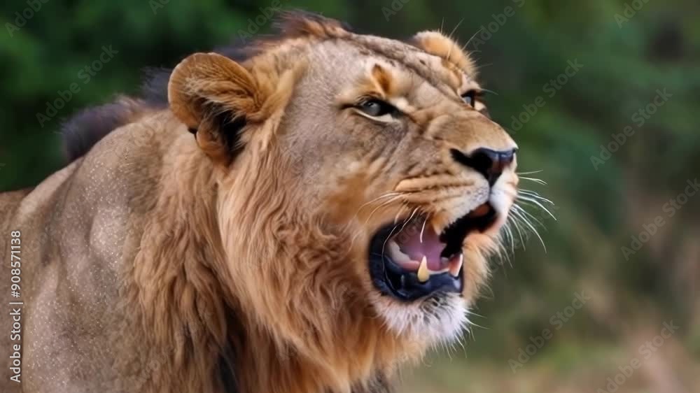 A close up of a lion, observing its surroundings in a serene forest, capturing nature's beauty and the animal's majestic presence A close up of a lion, observing its surroundings in a serene forest, capturing nature's beauty and the animal's majestic presence