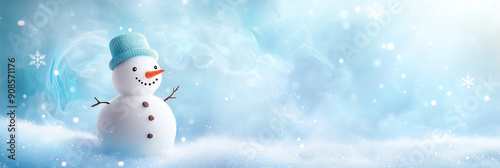 A banner with a cute snowman and a blue-white cloud smoothly turning into abstract smoke, a fabulous atmosphere, on a shiny background, an empty space for text and design