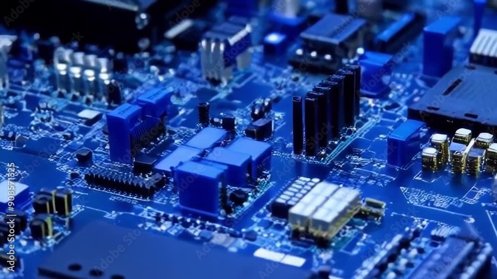 A close up view of a blue circuit board, showcasing detailed components and technology, illustrating high tech advancements A close up view of a blue circuit board, showcasing detailed components and technology, illustrating high tech advancements