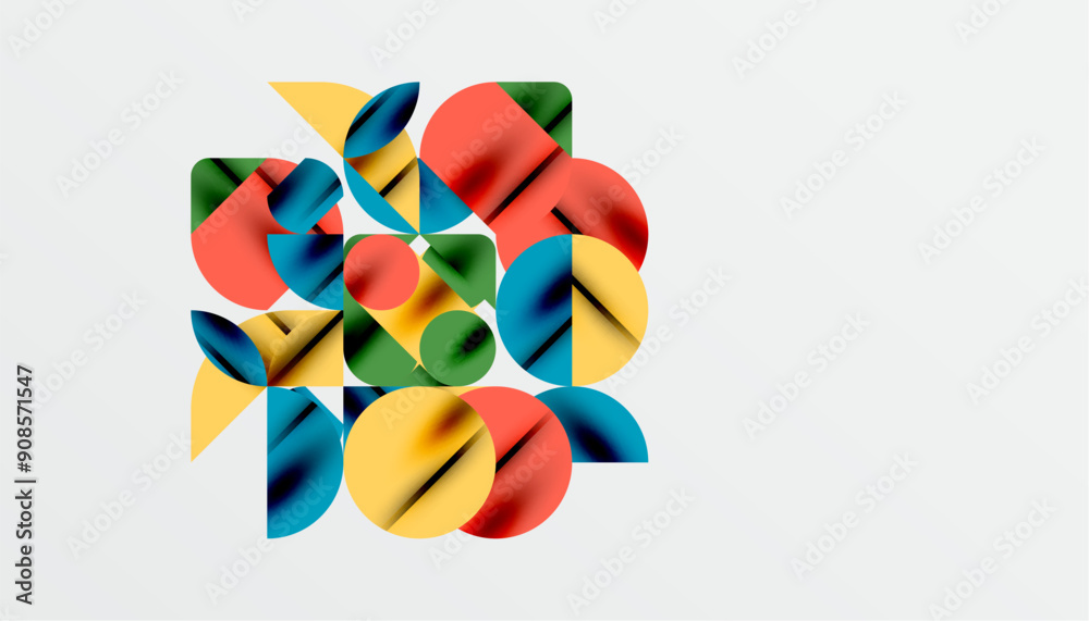 Color beautiful circles, semi circles, squares and round triangles. Geometric mosaic style pattern abstract background for wallpaper, banner, backdrop, card, book Illustration, landing page Color beautiful circles, semi circles, squares and round triangles. Geometric mosaic style pattern abstract background for wallpaper, banner, backdrop, card, book Illustration, landing page