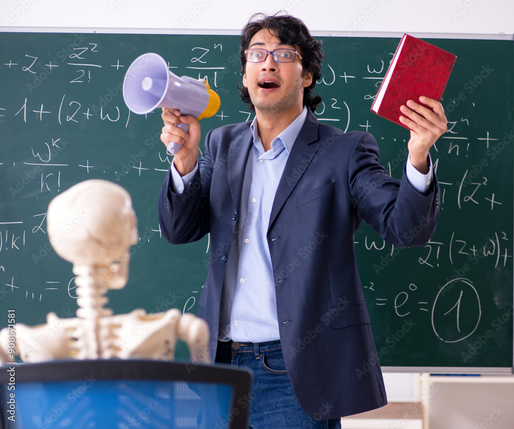 Young male math teacher and student skeleton