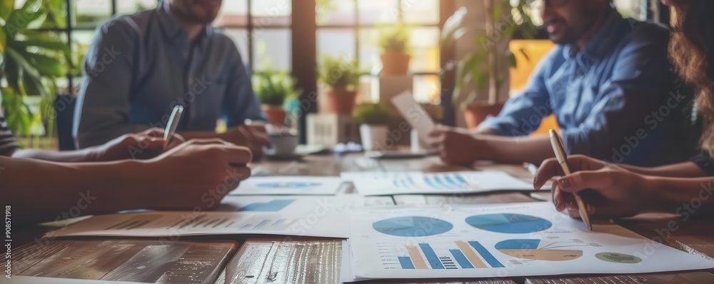 A collaborative meeting scene with graphs and charts on the table, showcasing teamwork and strategic planning. A collaborative meeting scene with graphs and charts on the table, showcasing teamwork and strategic planning.
