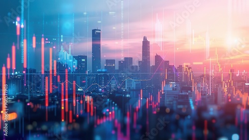 Stunning city skyline with financial graphs overlay, symbolizing growth and economic trends in a vibrant urban landscape.