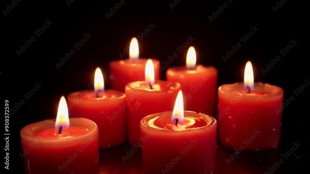 A serene arrangement of lit candles emits a warm glow, creating an intimate and calming atmosphere A serene arrangement of lit candles emits a warm glow, creating an intimate and calming atmosphere